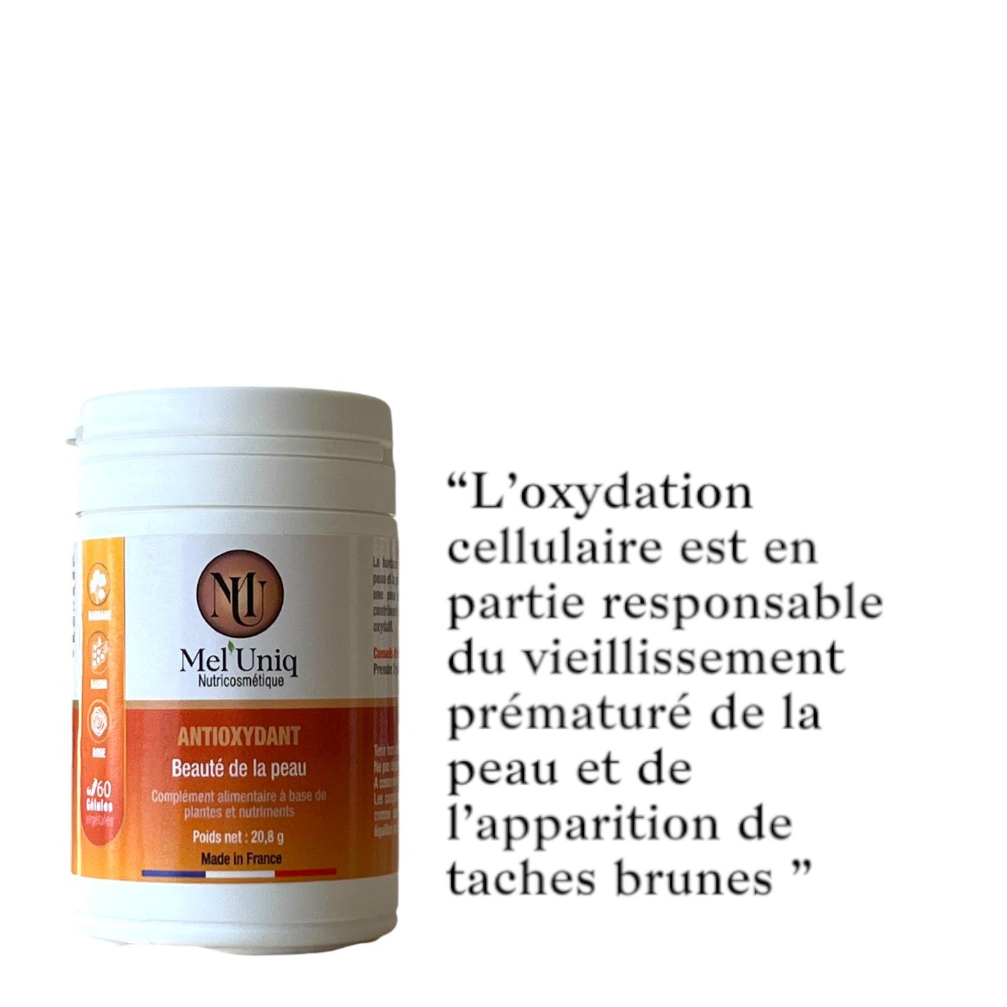 Complément alimentaire antoxydant Mel'Uniq et texte expliquant les conséquences de l'oxydation cellulaire