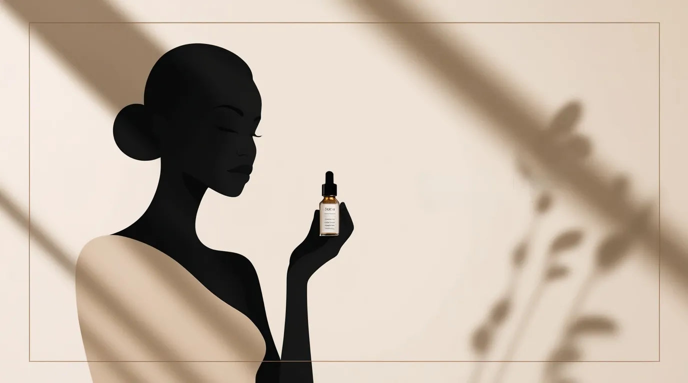 illustration d'une silhouette de femme noire tenant une bouteille de serum