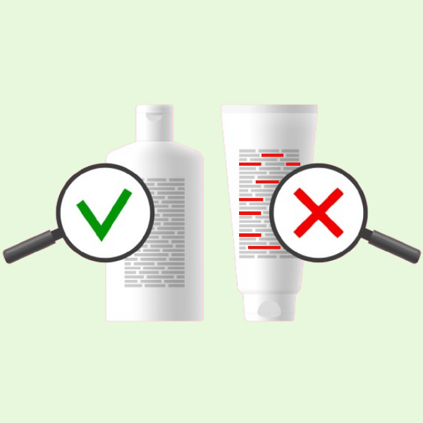 illustration de comparaison à la loupe des compositions de 2 produits cosmétiques dont l'un contient des actifs nocifs surlignés en rouge