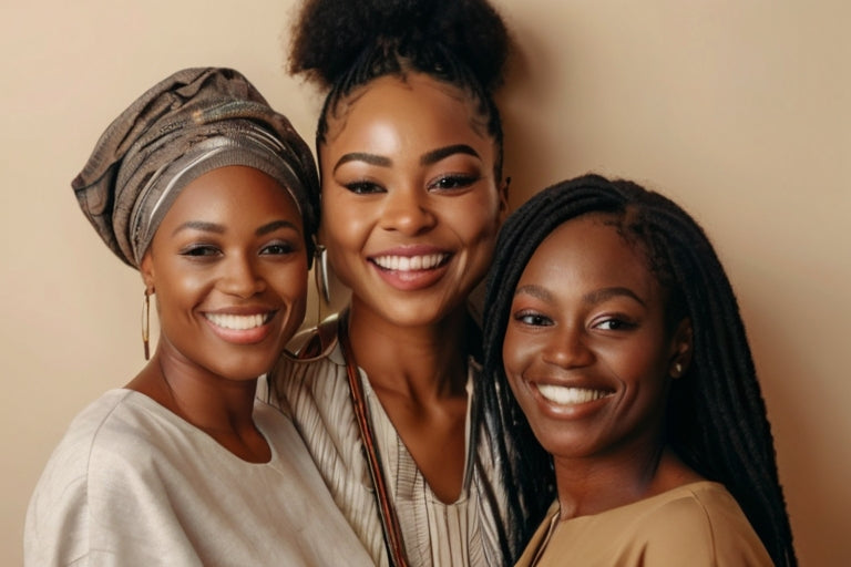 3 femmes à peau noire souriantes et fières de leurs origines