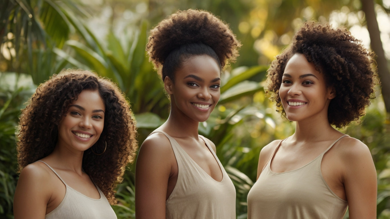3 belles femmes noires souriantes sur fond de nature tropicale