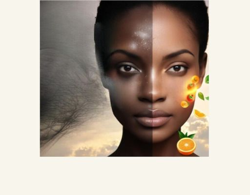 Visage femme noire : côté gauche teint terne dans environnement pollué, côté droit droite teint lumineux grace aux antioxydants