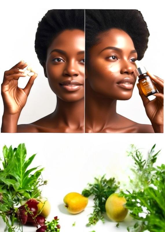 deux photos d'une femme noire la première avec des gélules dans la main, la seconde avec une bouteille de serum visage dans sa main. En dessous, photo de super-aliments