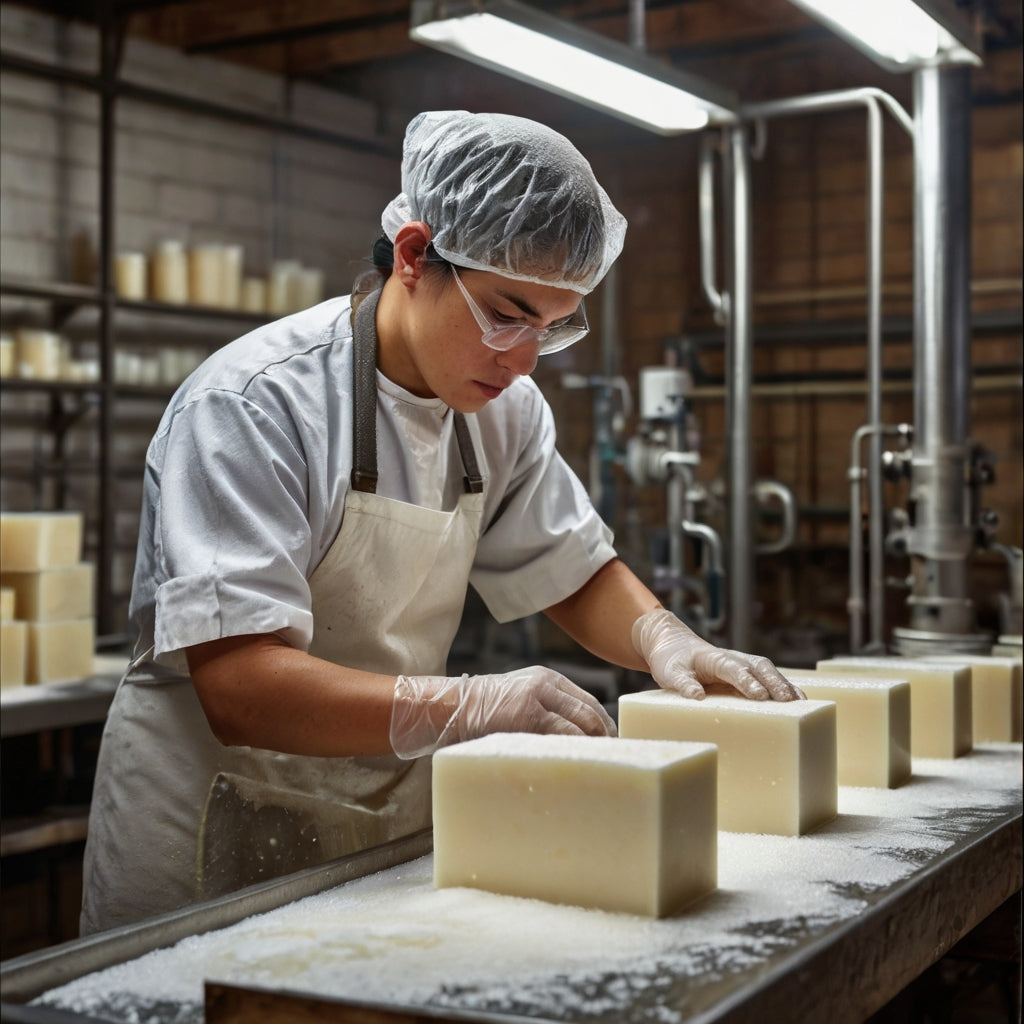 Opérateur contrôlant des pains de savon dans une savonnerie artisanale