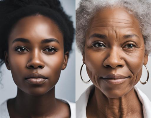 comparaison du visage d'une femme noire à gauche lorsqu'elle est jeune, à droite lorsqu'elle est agée