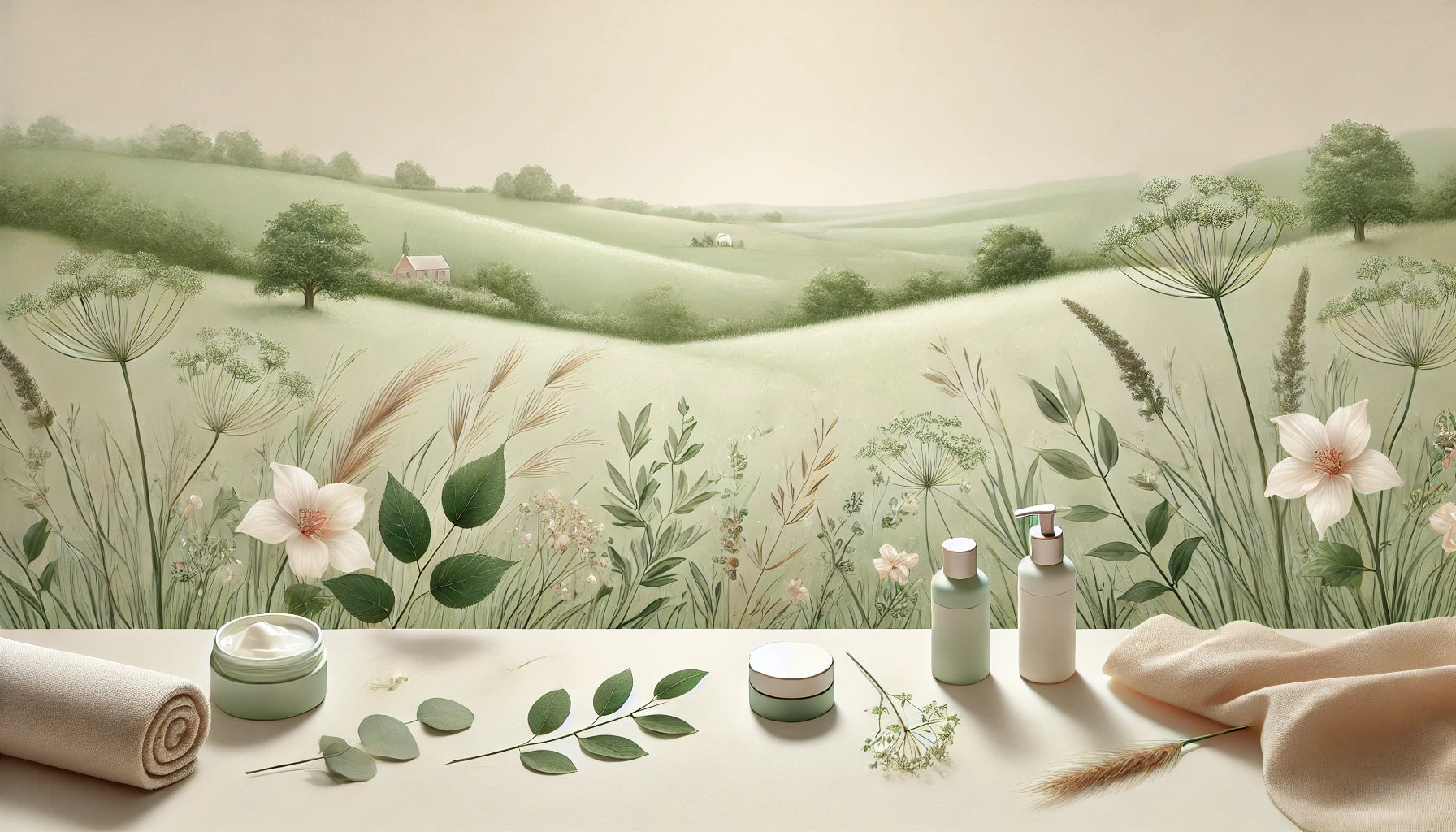 Tableau aux couleurs pastel montrant des cosmétiques avec en arrière plan un paysage rural Français bucolique