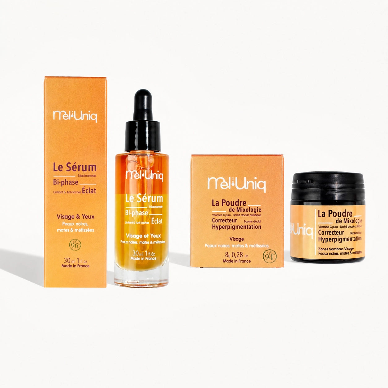 Duo Signature Mel’Uniq composé du Sérum Bi-phase Éclat et de la Poudre de Mixologie Correcteur Hyperpigmentation pour peaux noires, mates et métissées.