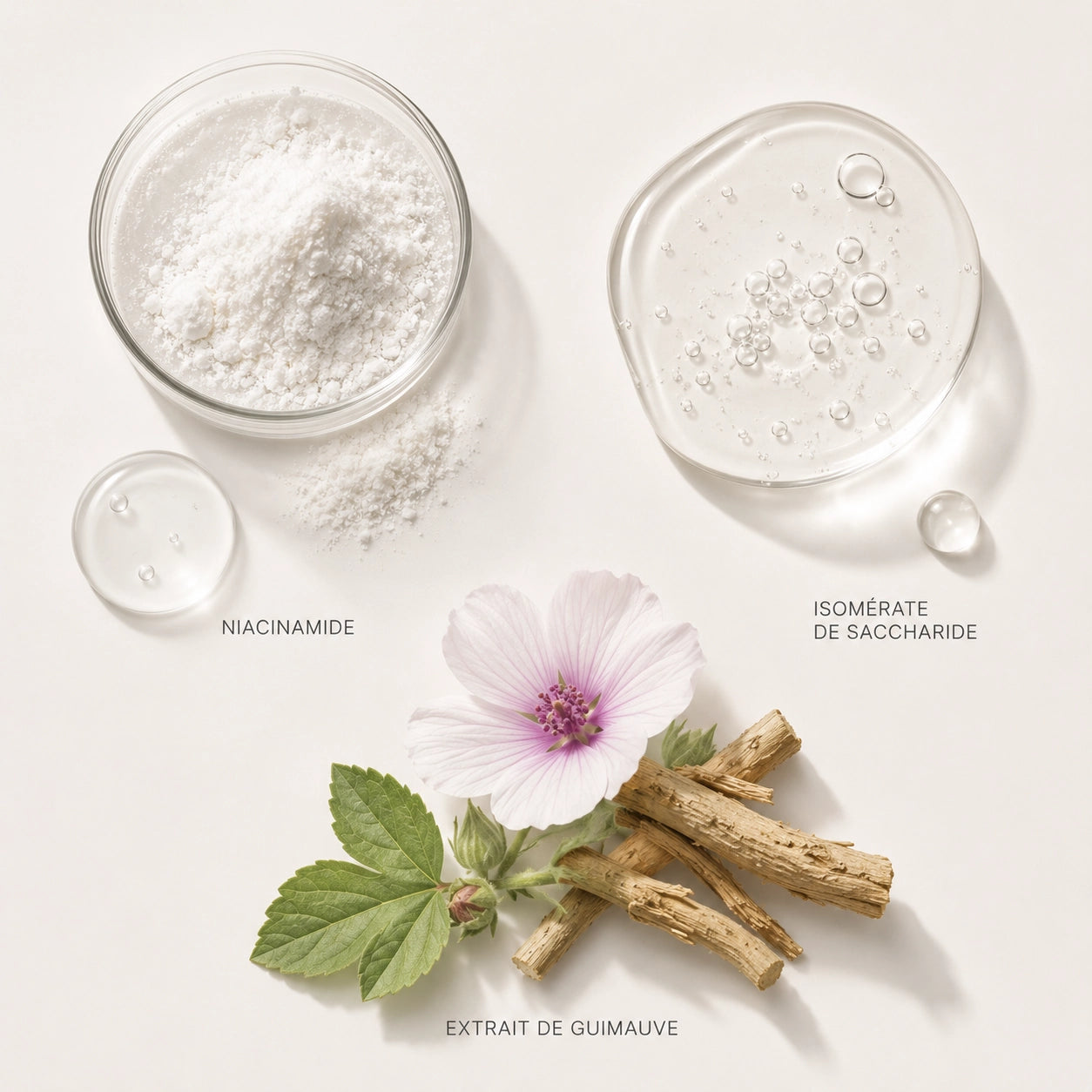 Niacinamide, extrait de guimauve et isomérate de saccharide dans la formule du Nettoyant Démaquillant Mel’Uniq