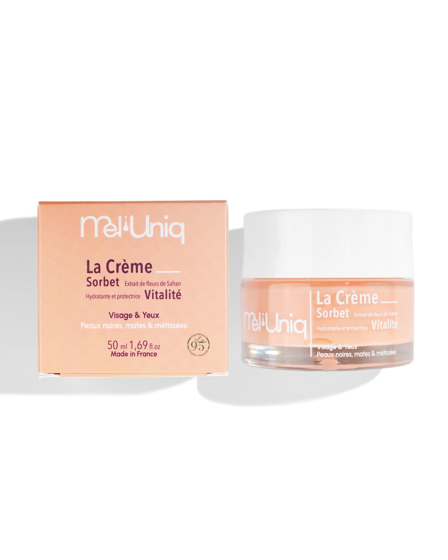 Packshot de la crème hydratante visage Mel'Uniq Sorbet Vitalité pour peaux noires, mates et métissées