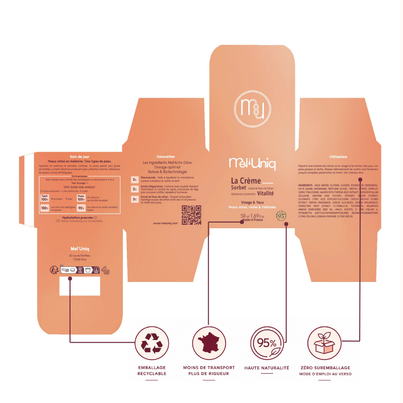 Packaging Mel’Uniq mettant en avant la haute naturalité, le Made in France, les emballages recyclables et la réduction du suremballage.