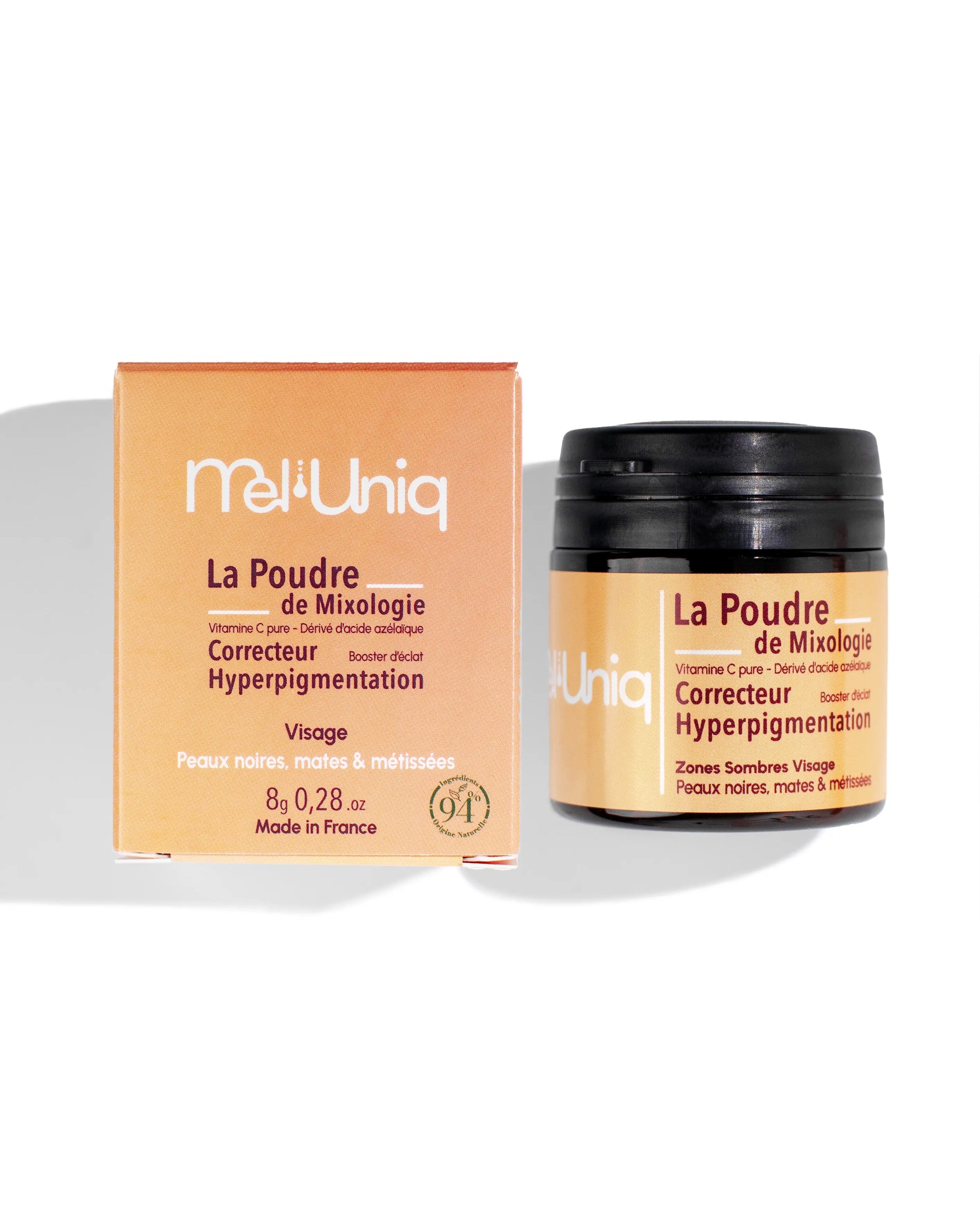 Packshot de la Poudre de Mixologie Correcteur Hyperpigmentation Mel’Uniq pour peaux noires, mates et métissées