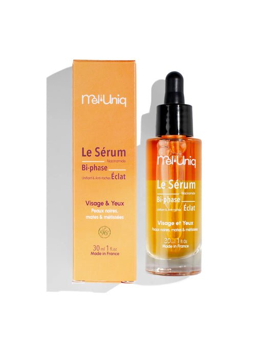 Sérum bi-phase éclat Mel’Uniq anti-taches pour peaux noires, mates et métissées avec étui produit