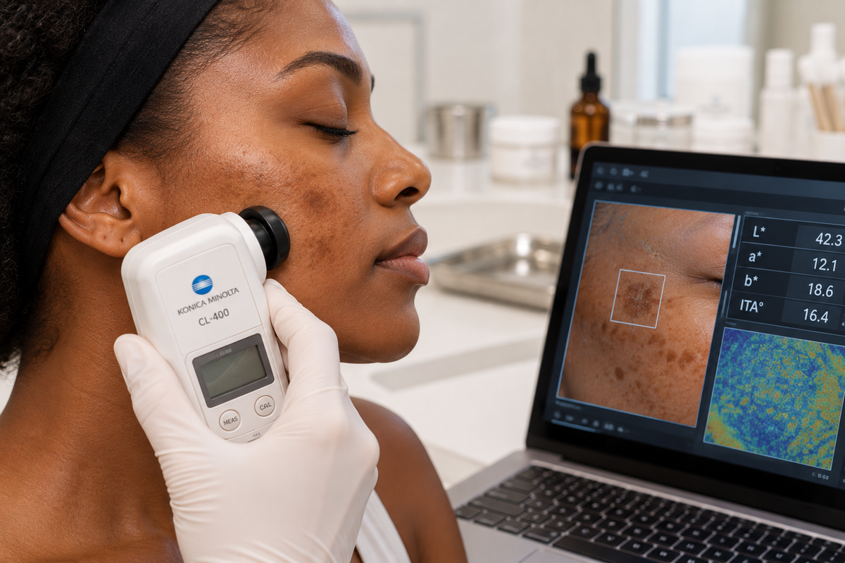 Mesure colorimétrique d’une tache pigmentaire sur peau noire lors d’une évaluation clinique Mel’Uniq
